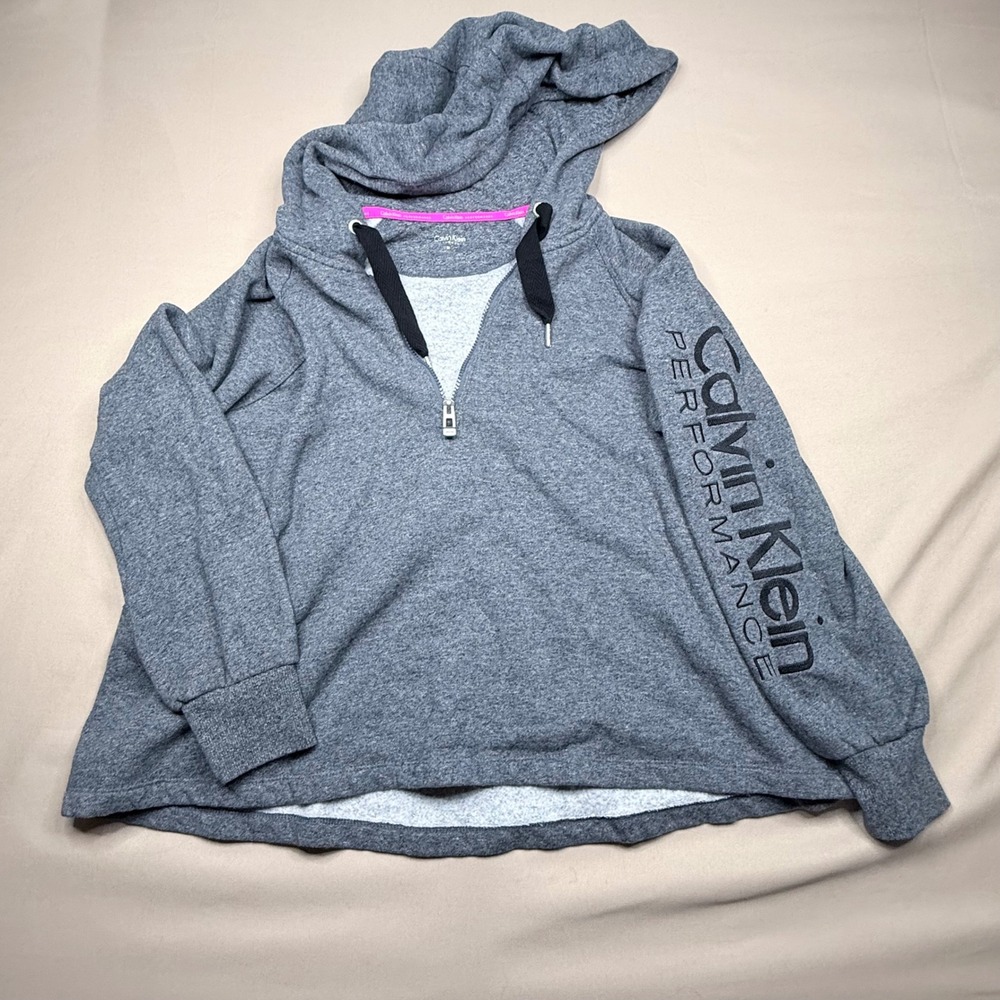 Calvin Klein Performance Womens Gray Quarter Zip Fleece Hoodie Logo Sleeve M